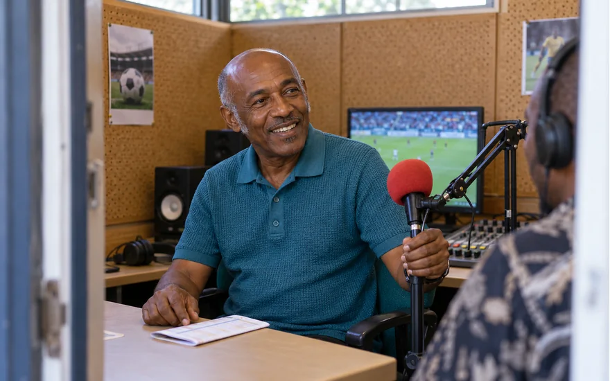 Mtangazaji mzima akirekebisha kipaza sauti katika studio ya redio ya michezo Tanzania
